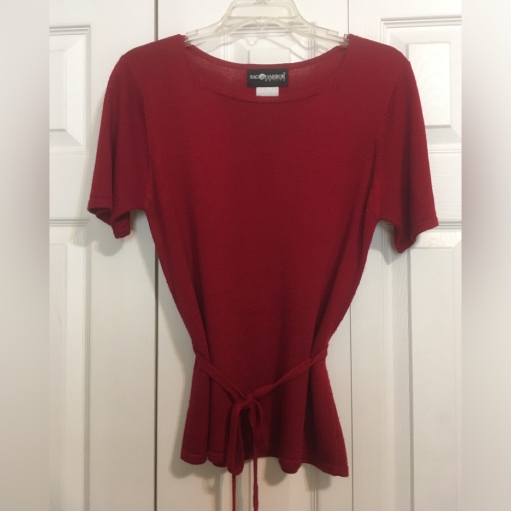 Sag Harbor sweater short sleeve size petite small belted crimson red